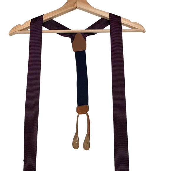 PERRY ELLIS PORTFOLIO Brown Leather Navy Red Stripe Y Suspenders Brass Hardware - Picture 5 of 8